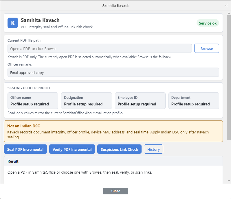 Official Samhita Kavach PDF integrity seal and offline link review screen, including officer profile setup, verification and history controls; not an Indian DSC